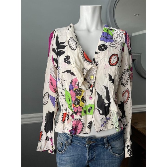 CHACOK Printed Silk V Neck Button Front Blouse - 2 - Picture 3 of 6